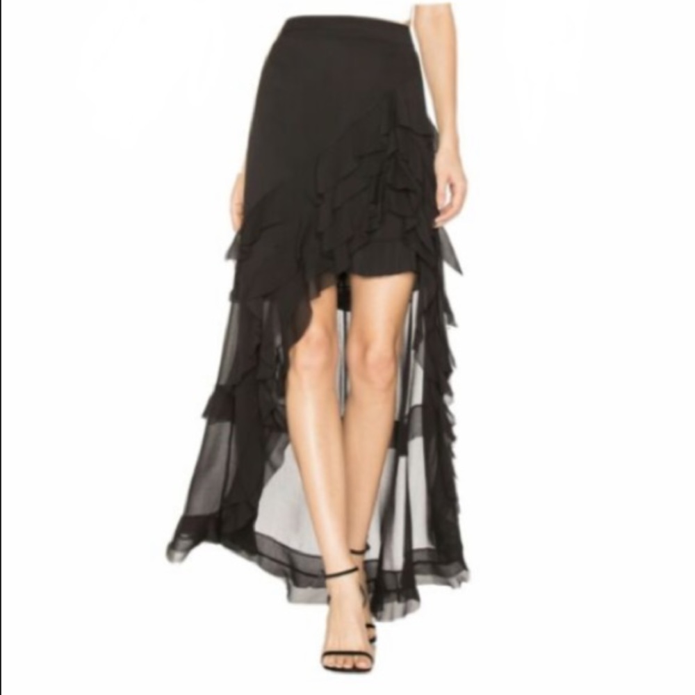 💗 Alice + Olivia Black Sheer Ruffled Maxi High Low Skirt
